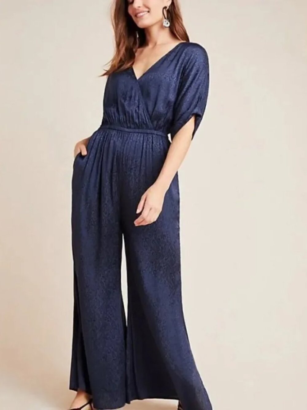 ANTHROPOLOGIE MAEVE JAQUELINE JACQUARD NAVY JUMPSUIT WIDE LEG Medium